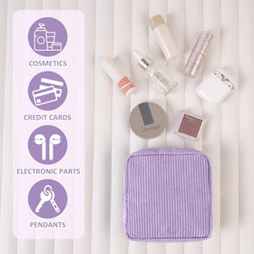 MAGEFY Small Makeup Bag purple with cosmetics inside