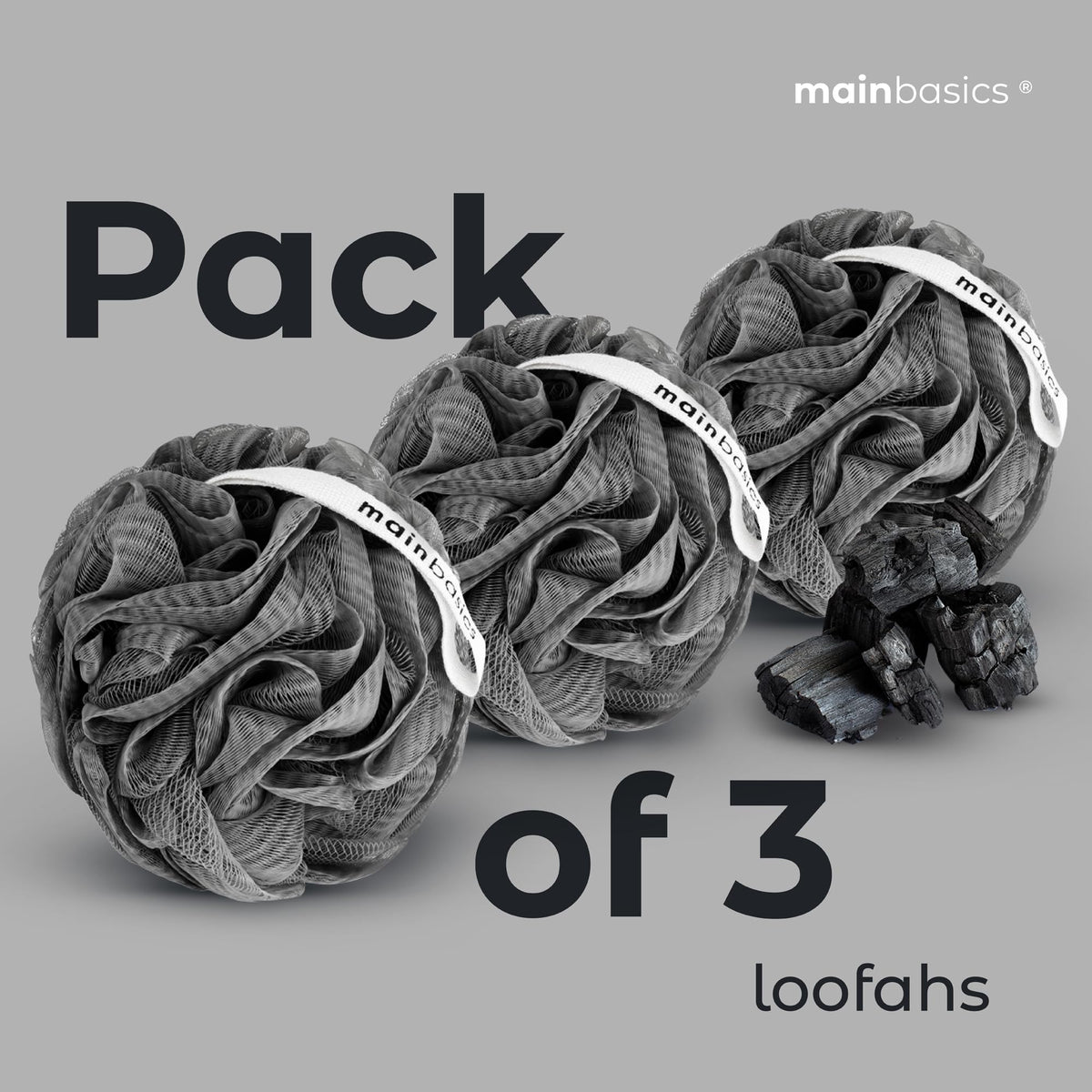 MainBasics Charcoal Infused Loofah showing rich lather