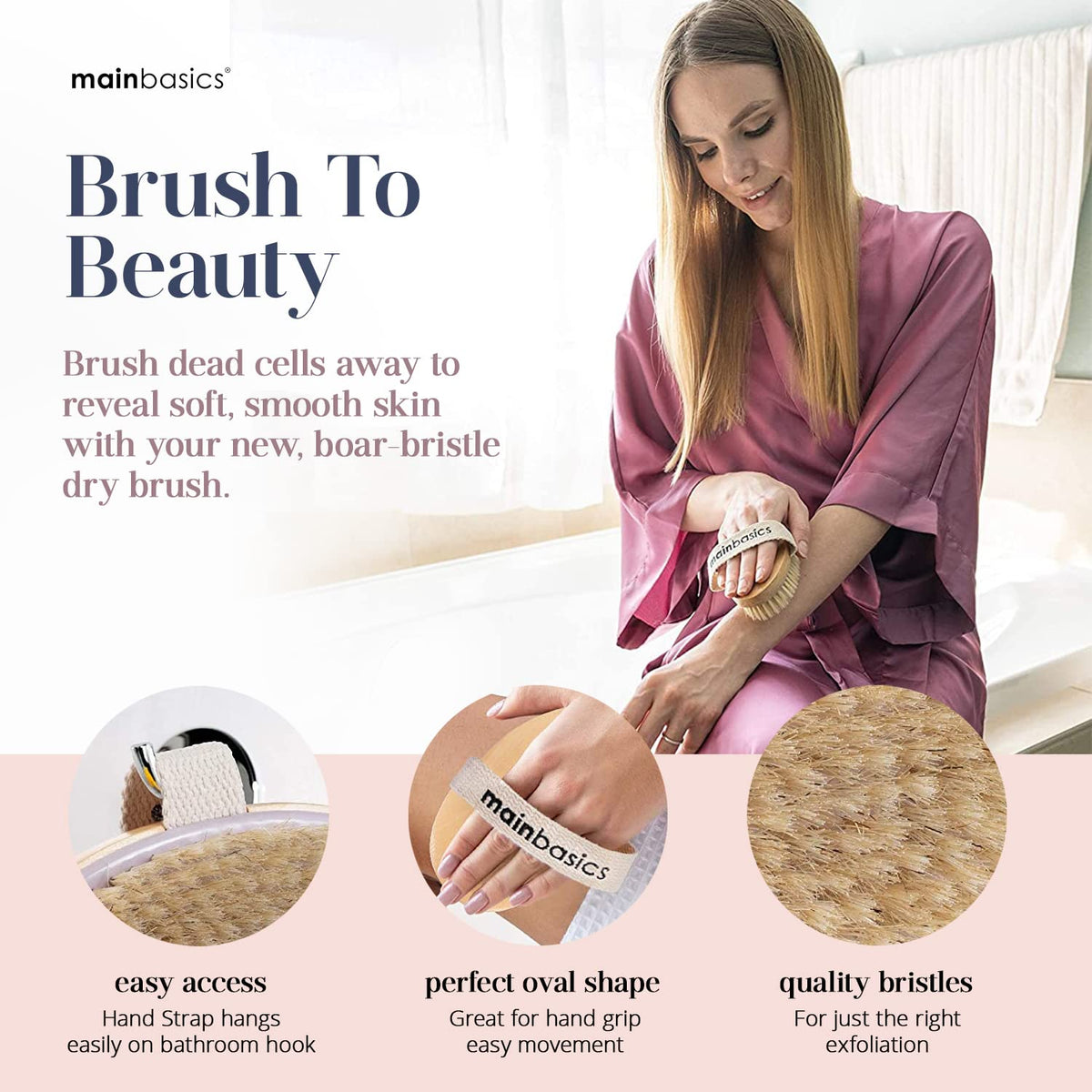 MainBasics Dry Brushing Body Brush on a bathroom shelf