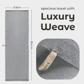 MainBasics Japanese Deep Exfoliating Shower Towel hanging for drying