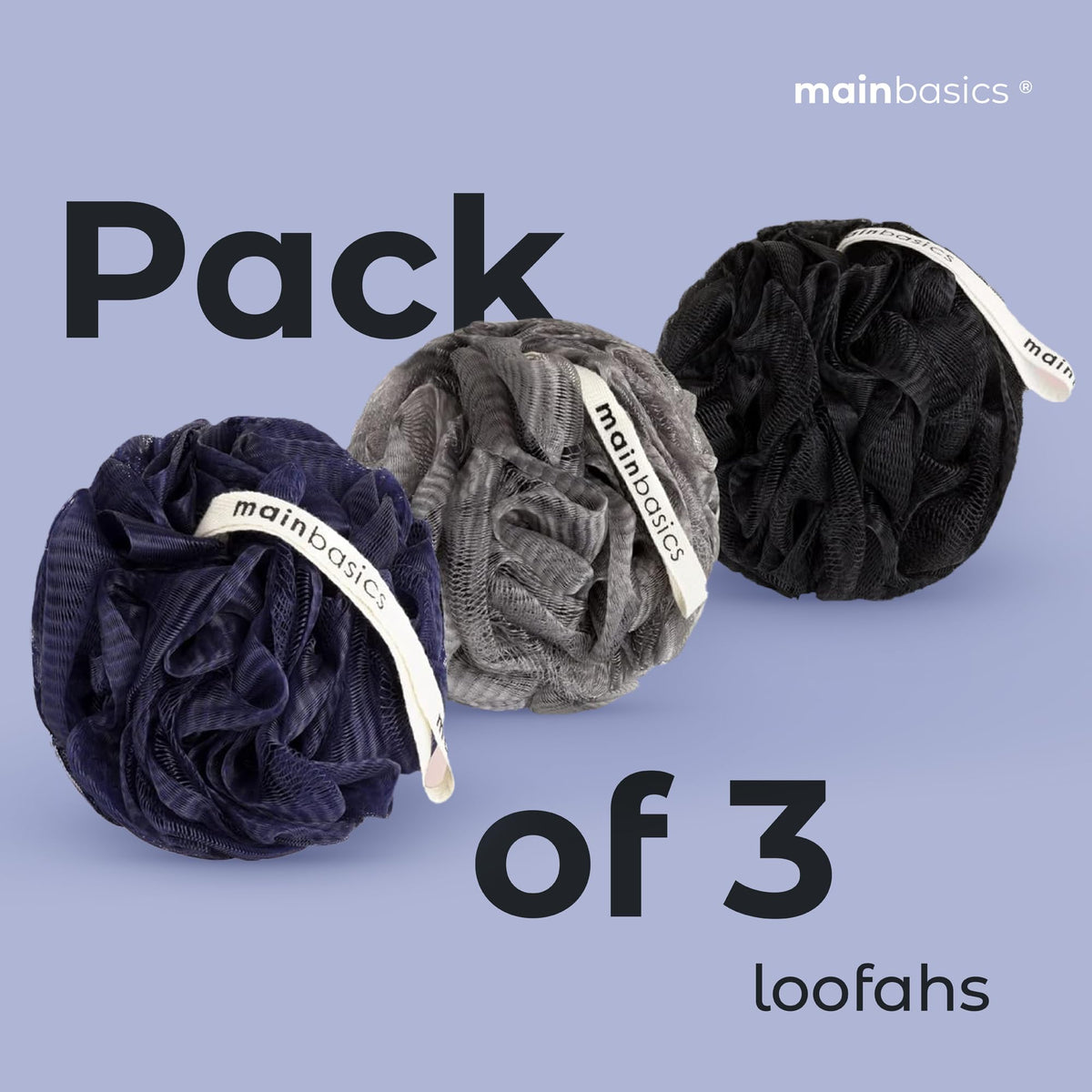 MainBasics Loofah Sponge Set displayed on a bathroom shelf