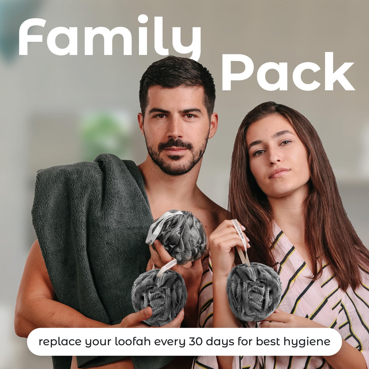 MainBasics Loofah Sponge Set displayed on a bathroom shelf