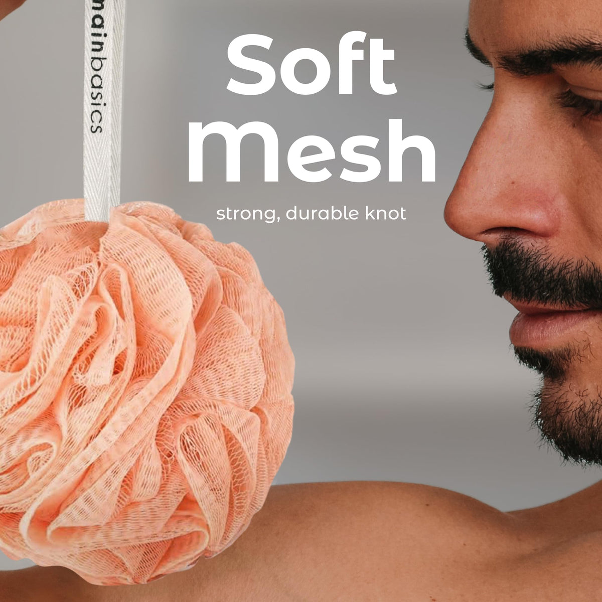 MainBasics loofah sponge with hanging rope for storage