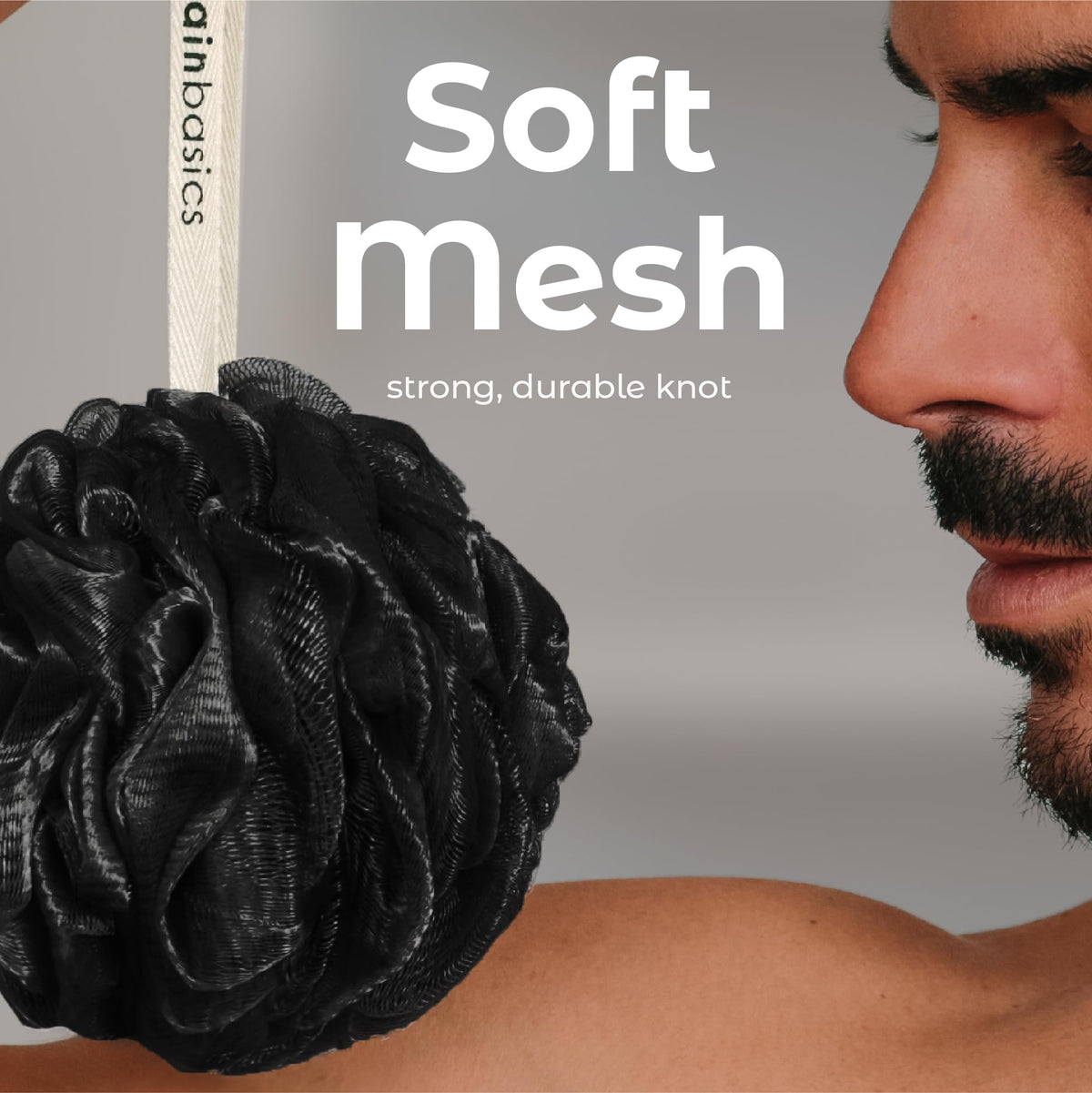 MainBasics loofah with hanging rope for easy storage