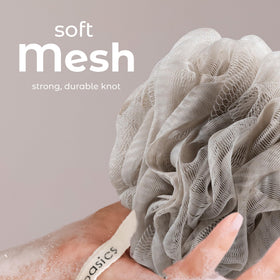 MainBasics Shower Loofah Sponge Pouf hanging with rope