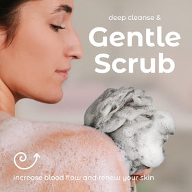 MainBasics Shower Loofah Sponge Pouf in a bathroom setting