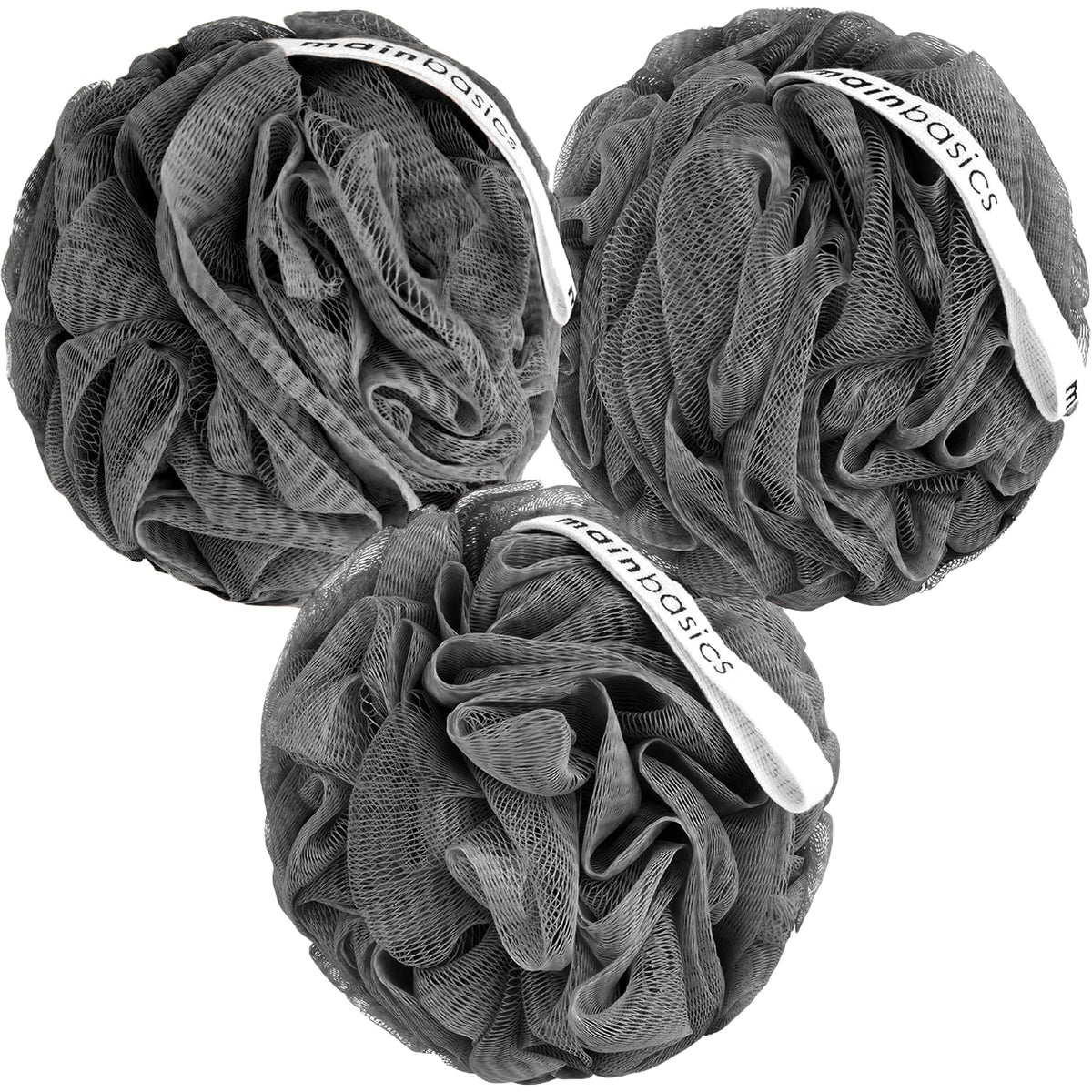 MainBasics Shower Loofah Sponge Pouf Set of 3 Charcoal Infused front view