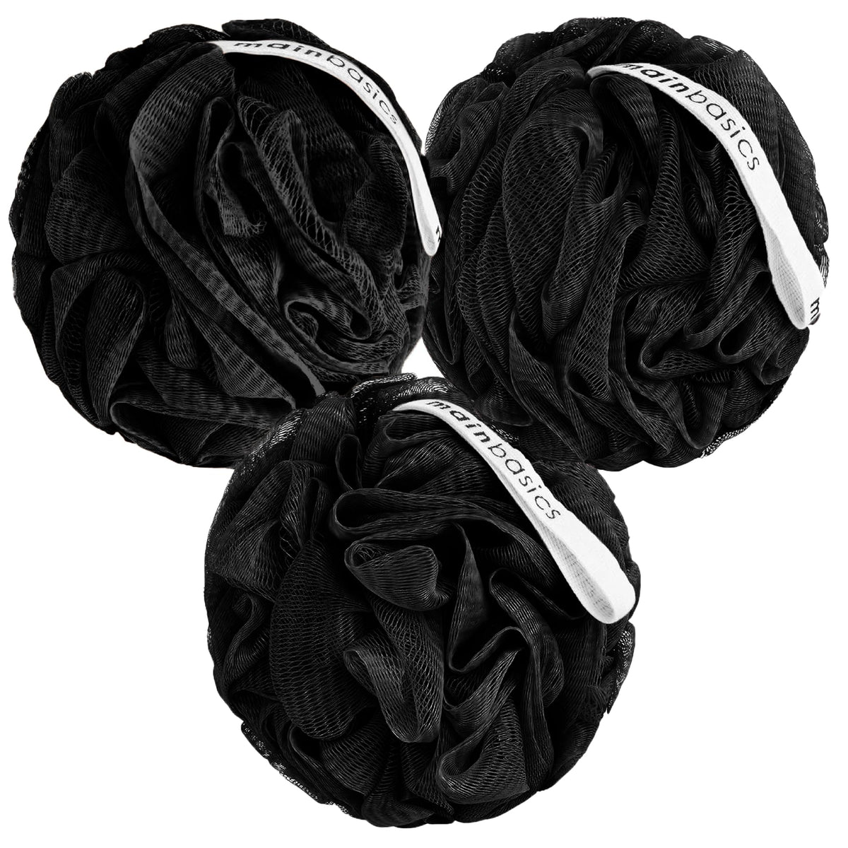 MainBasics Shower Loofah Sponge Pouf Set of 3 in black
