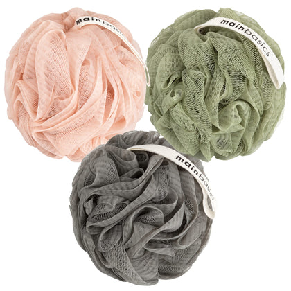 MainBasics Shower Loofah Sponge Pouf Set of 3 in Earthy Love