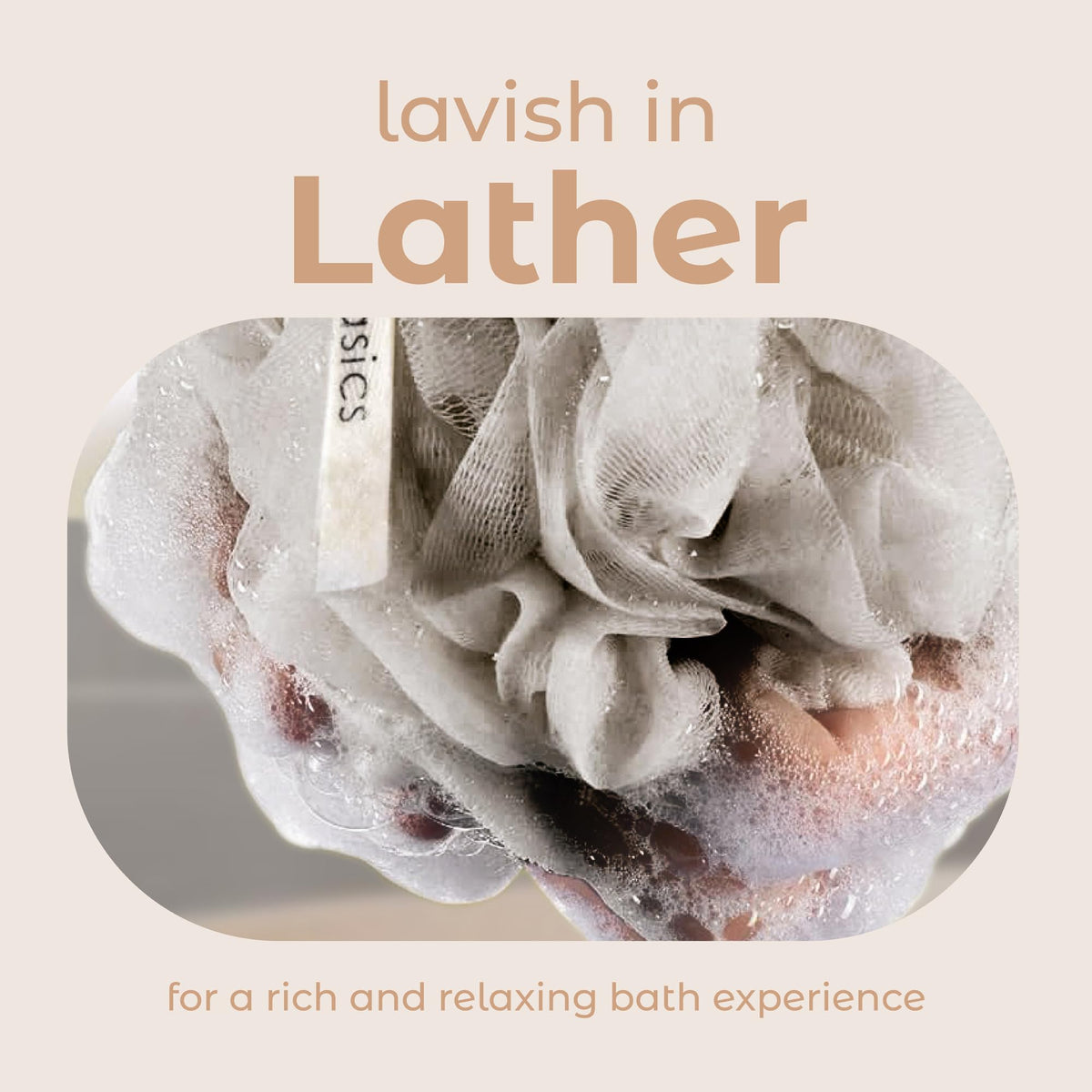 MainBasics Shower Loofah Sponge Pouf Set of 3 in packaging