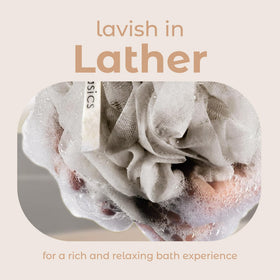 MainBasics Shower Loofah Sponge Pouf Set of 3 in packaging