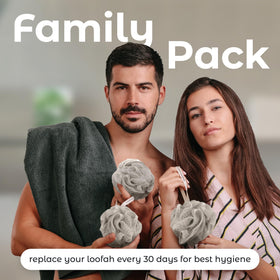 MainBasics Shower Loofah Sponge Pouf Set of 3 on a shelf