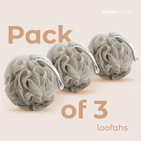MainBasics Shower Loofah Sponge Pouf showing rich lather