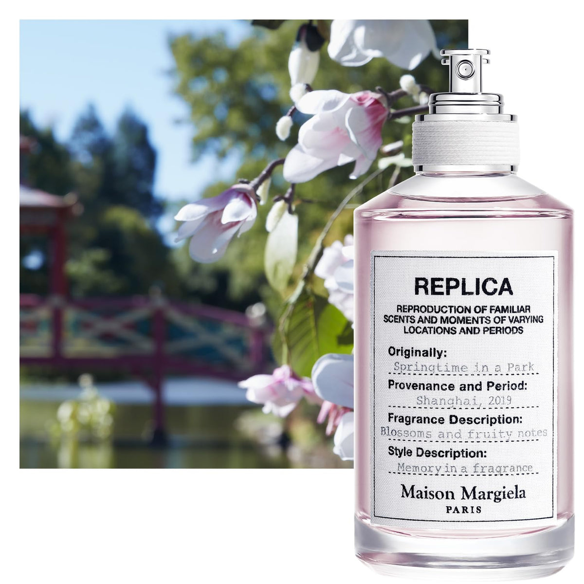 Maison Margiela Replica Springtime In A Park Eau de Toilette bottle with floral background