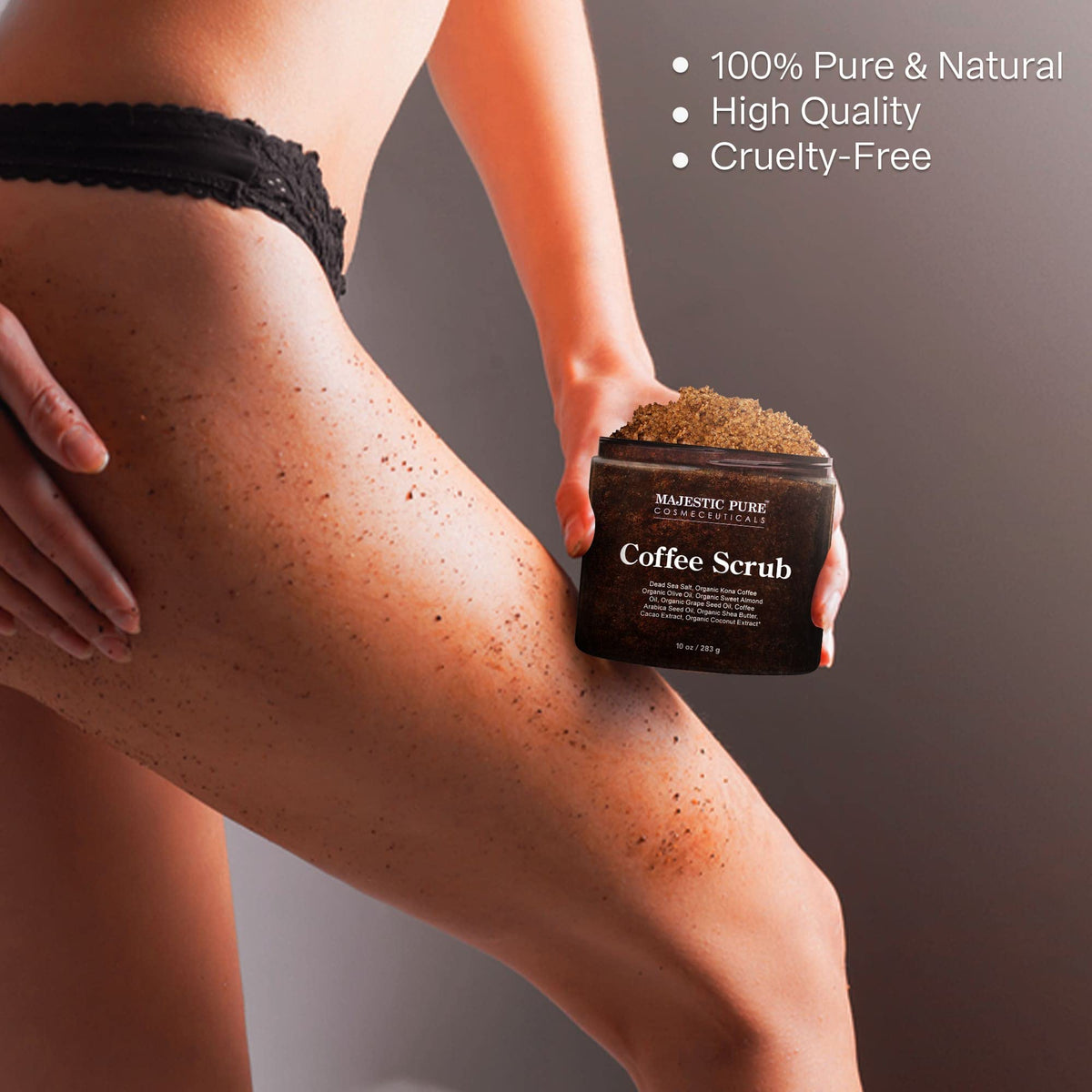 Majestic Pure Arabica Coffee Body Scrub 10 Oz application on skin