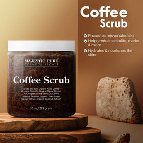 Majestic Pure Arabica Coffee Body Scrub 10 Oz on bathroom counter