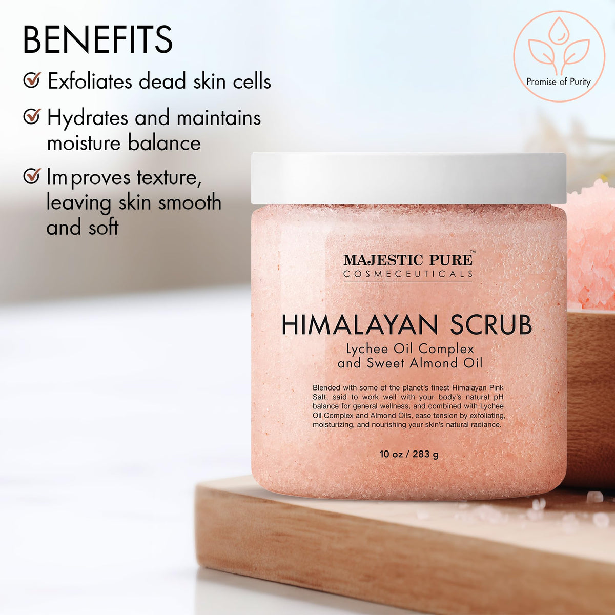 Majestic Pure Himalayan Salt Body Scrub 10 Oz with scoop