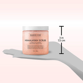 Majestic Pure Himalayan Salt Body Scrub with ingredients displayed