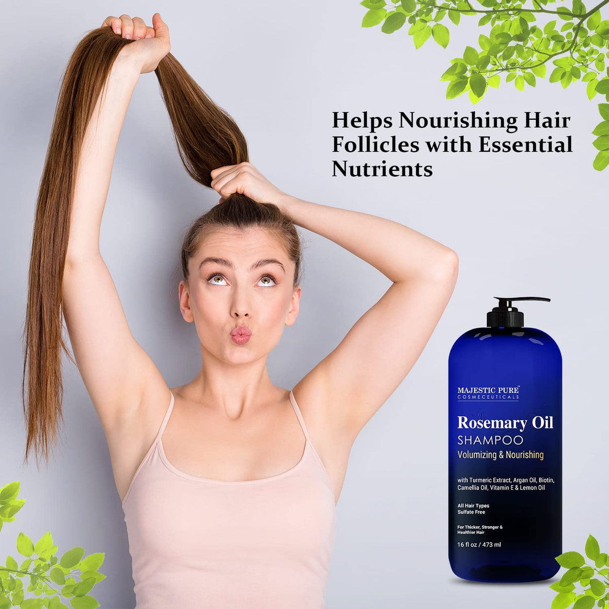 Majestic Pure Rosemary Oil Shampoo 16 Fl Oz side view showing bottle design