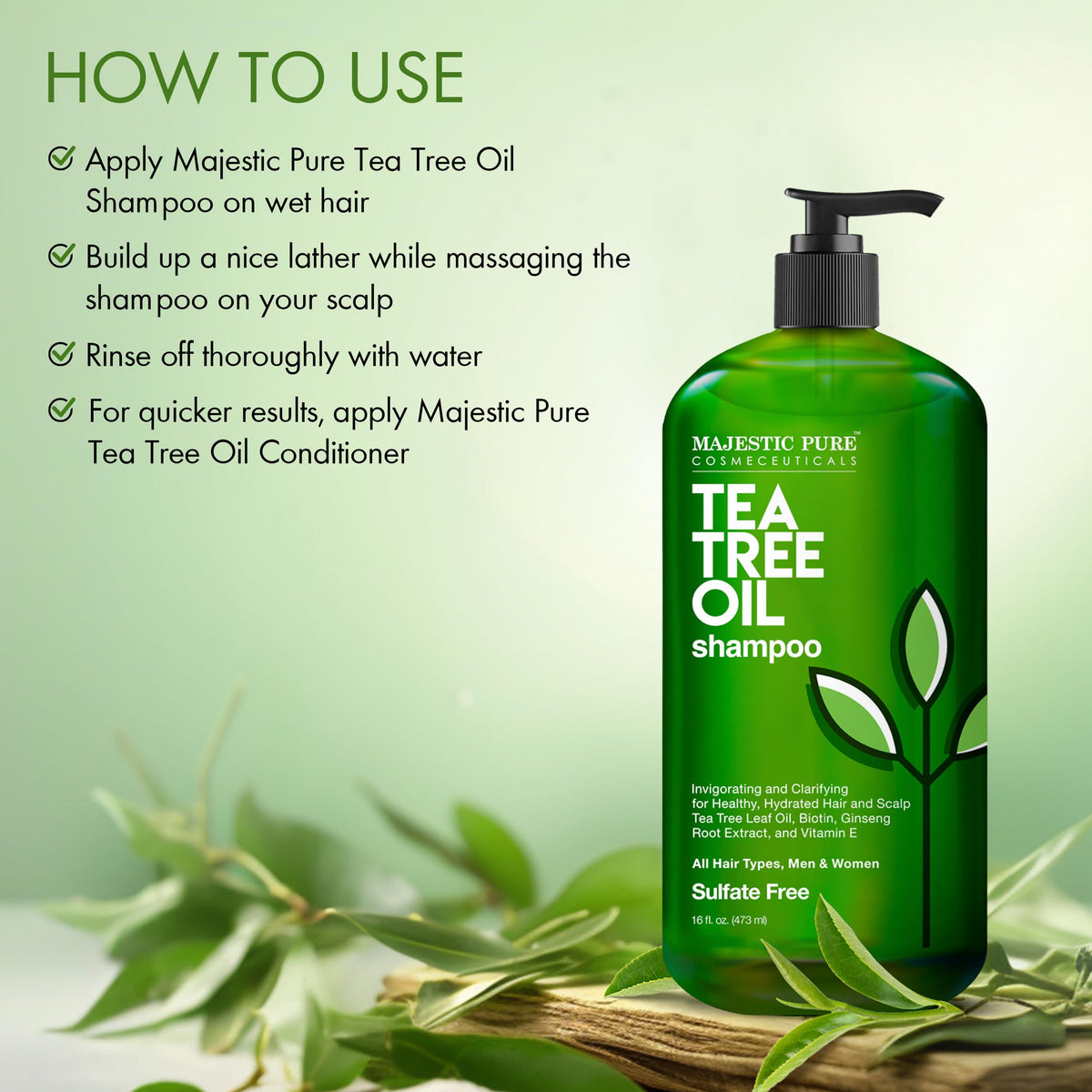 Majestic Pure Tea Tree Shampoo on bathroom shelf