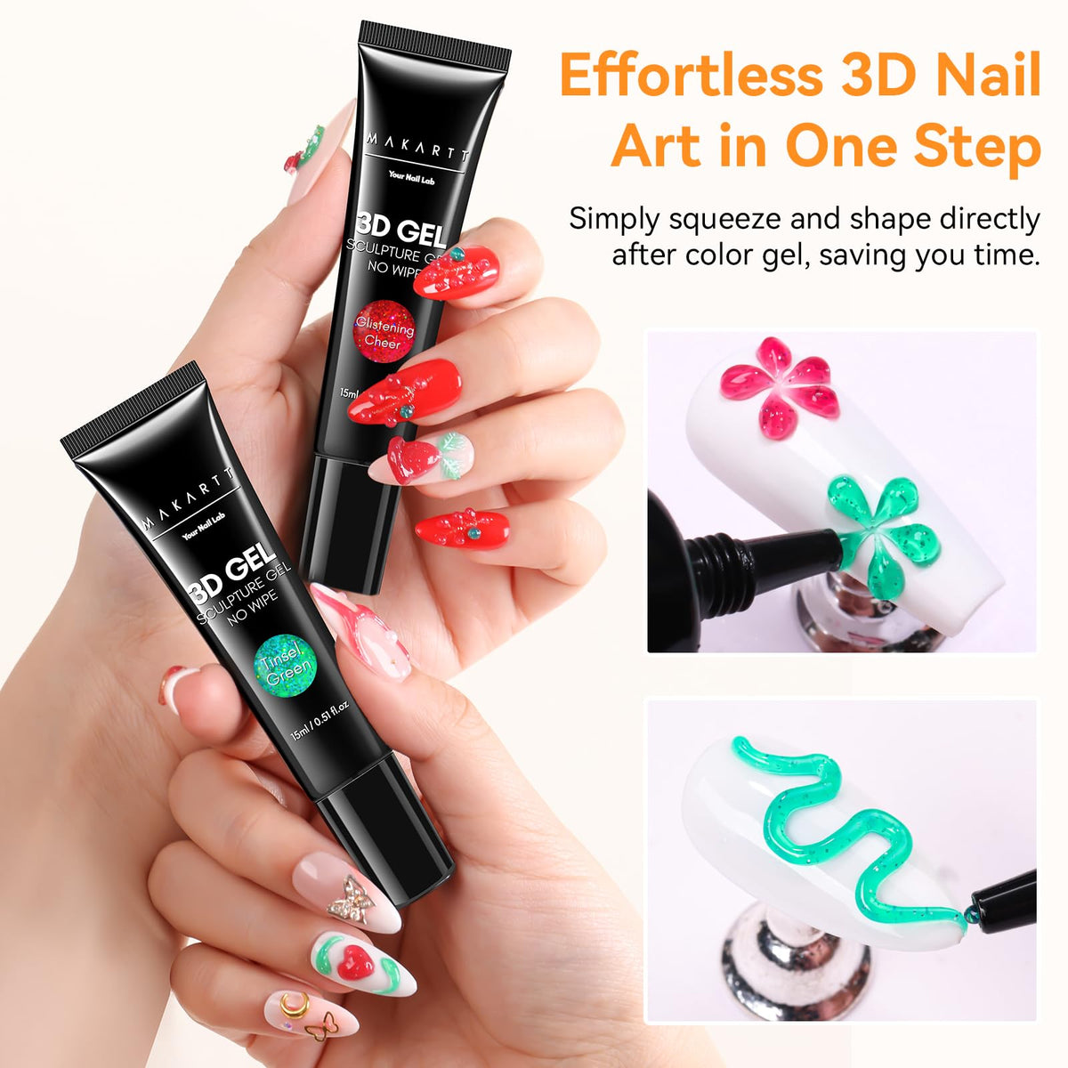 Makartt 3D Nail Gel tube with red glitter close-up