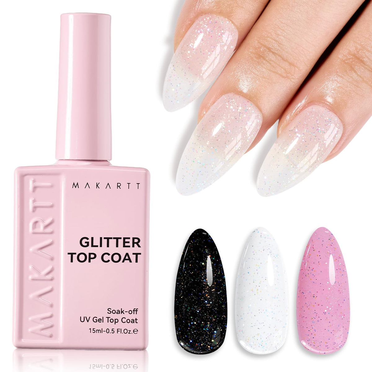 Makartt Glitter Gel Top Coat 15ML front view with glitter effect