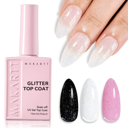 Makartt Glitter Gel Top Coat 15ML front view with glitter effect