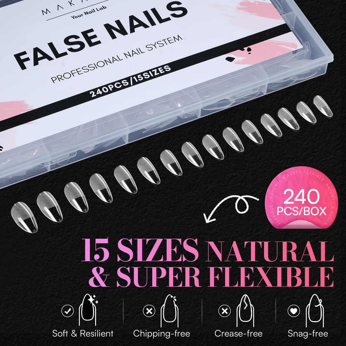 Makartt Medium Almond Nail Tips arranged by size