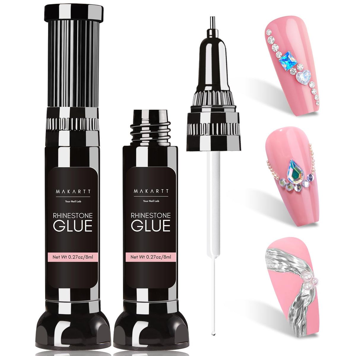 Makartt Nail Rhinestone Glue front view with brush and pen tip