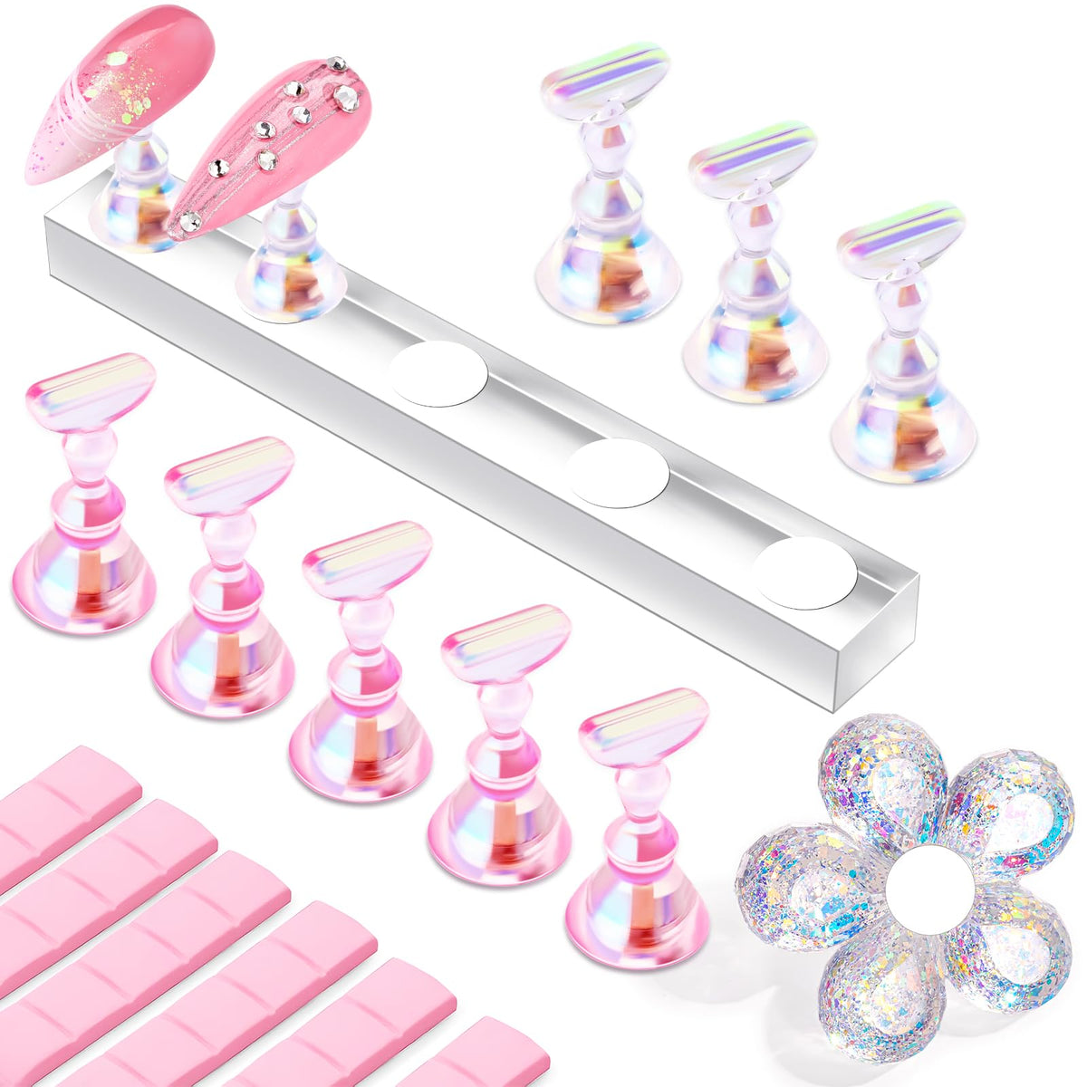 Makartt Press on Nails Stand with clear glitter flower base