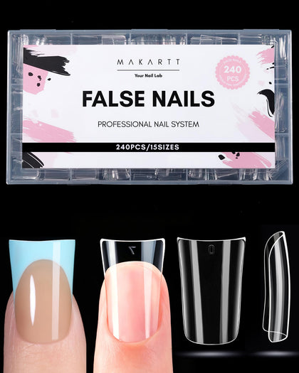 Makartt Short Duck Nail Tips clear full cover flare nails front view