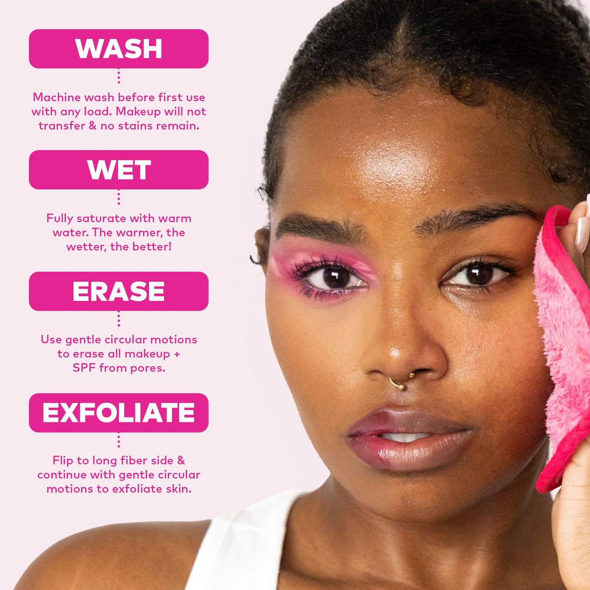 MakeUp Eraser PRO Original Pink demonstrating makeup removal