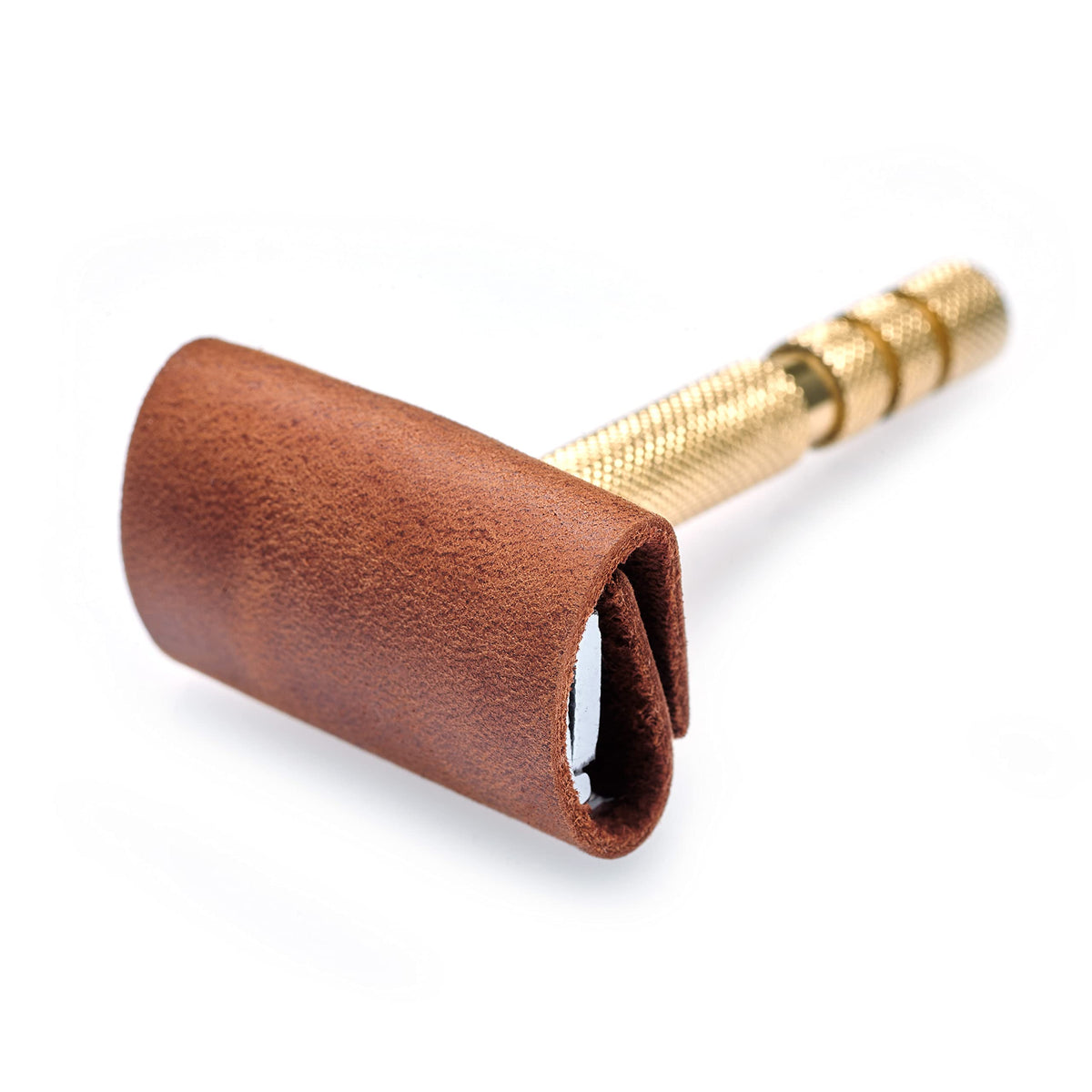 MAKYN Leather Safety Razor Head Cover front view in Cognac