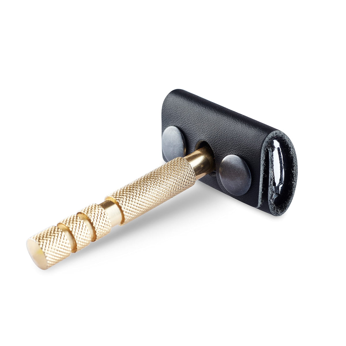 MAKYN Leather Safety Razor Head Cover side view showing button closure