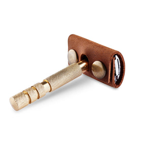 MAKYN Leather Safety Razor Head Cover side view with button closure