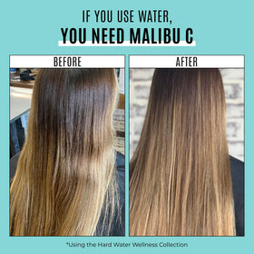 Malibu C Hard Water Wellness Shampoo in a bathroom setting