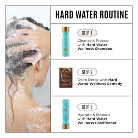 Malibu C Hard Water Wellness Shampoo with fresh water background