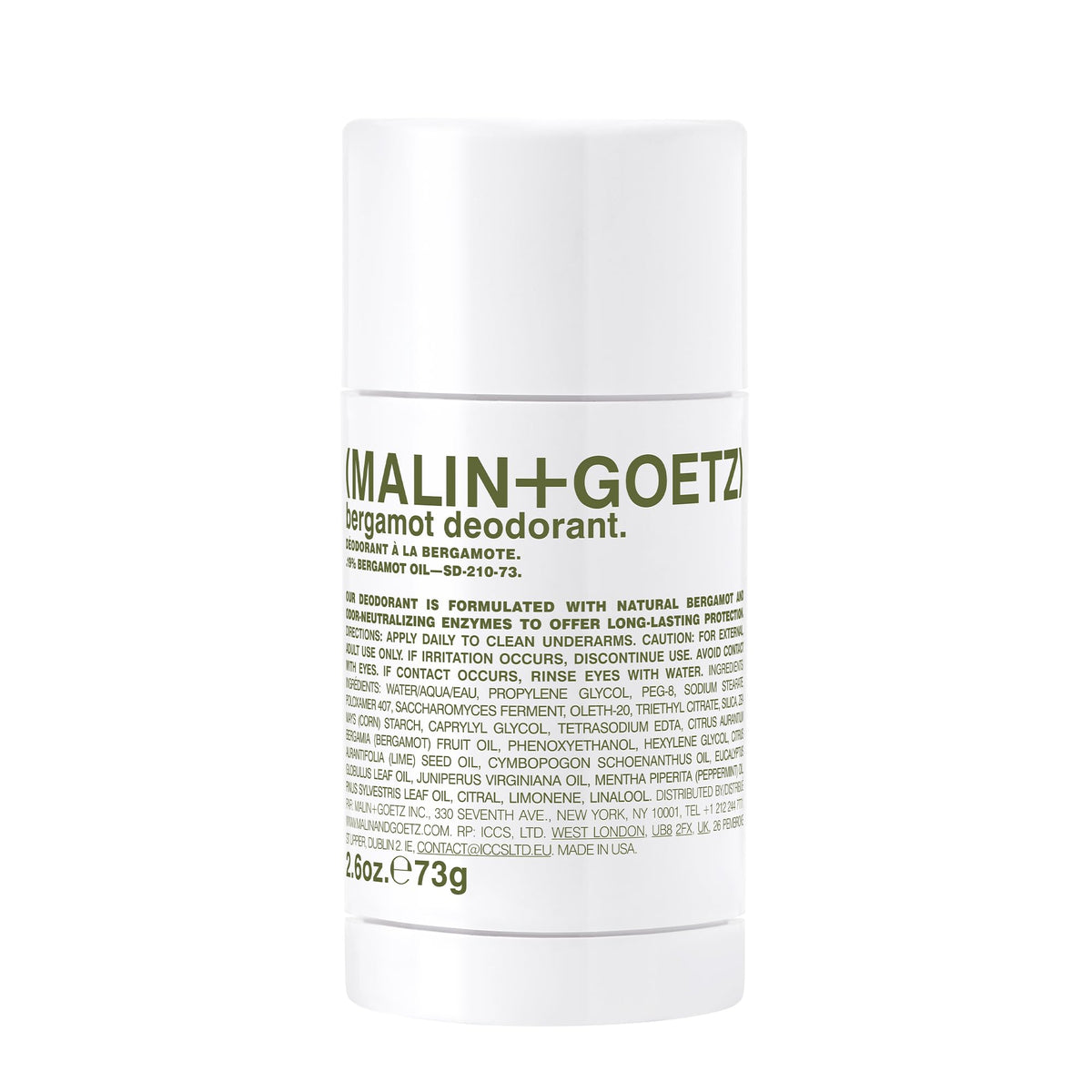 MALIN+GOETZ Bergamot Deodorant front view with clear gel stick
