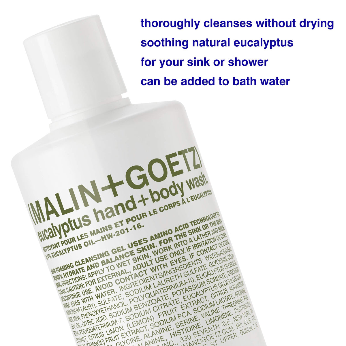 MALIN+GOETZ Eucalyptus Hand + Body Wash back view with ingredients