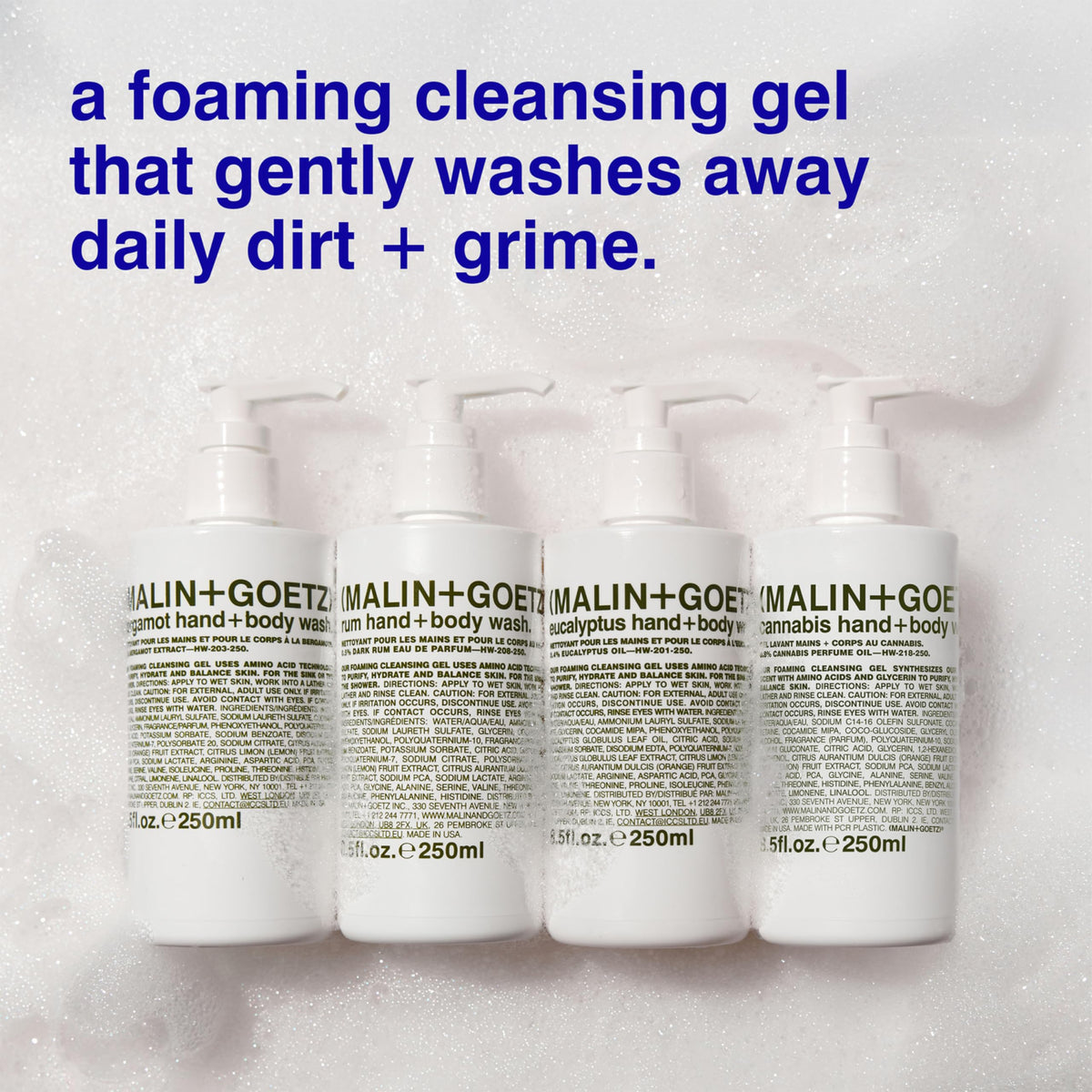 MALIN+GOETZ Rum Hand + Body Wash in a bathroom setting