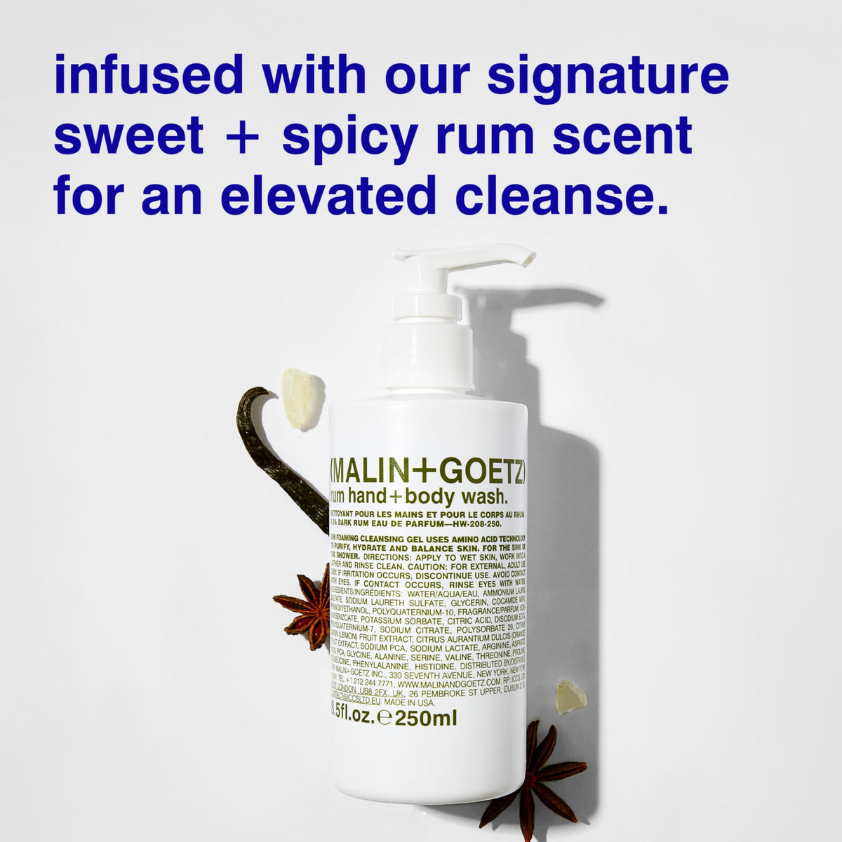 MALIN+GOETZ Rum Hand + Body Wash side view with label