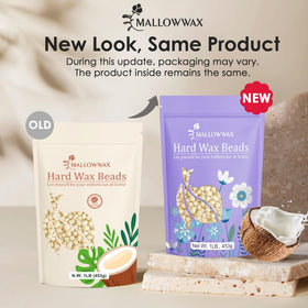 Mallowwax Hard Wax Beads 1lb packaging with ingredients