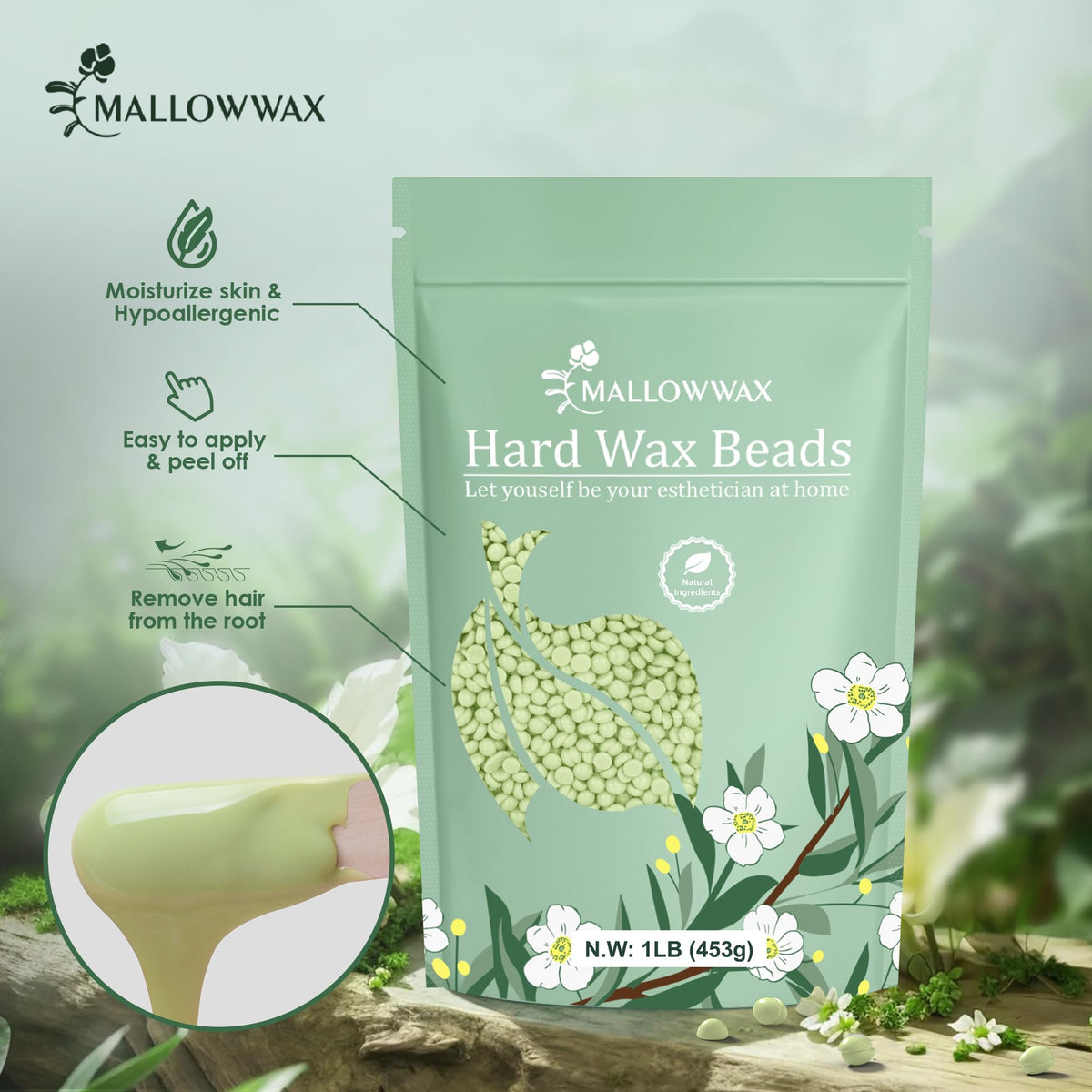 Mallowwax Hard Wax Beads application on skin