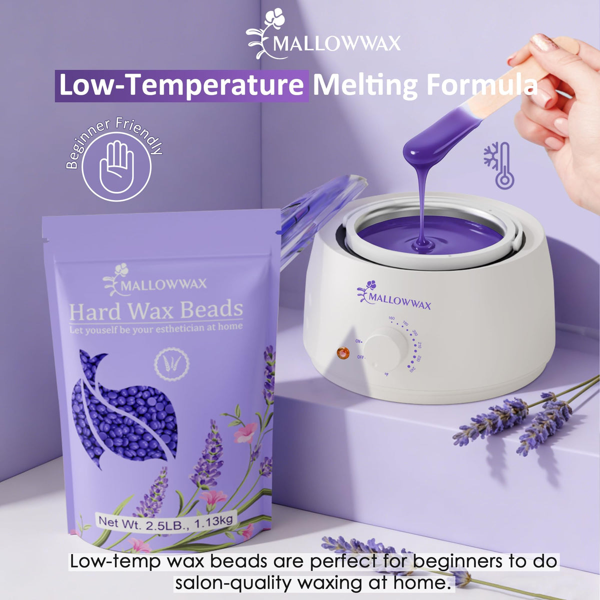 Mallowwax Hard Wax Beads displayed with waxing accessories