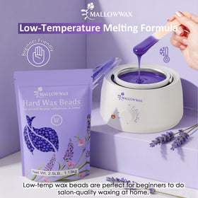 Mallowwax Hard Wax Beads displayed with waxing accessories