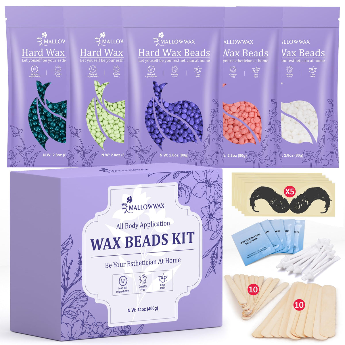 Mallowwax Wax Beads 5 Pack with various scents for hair removal