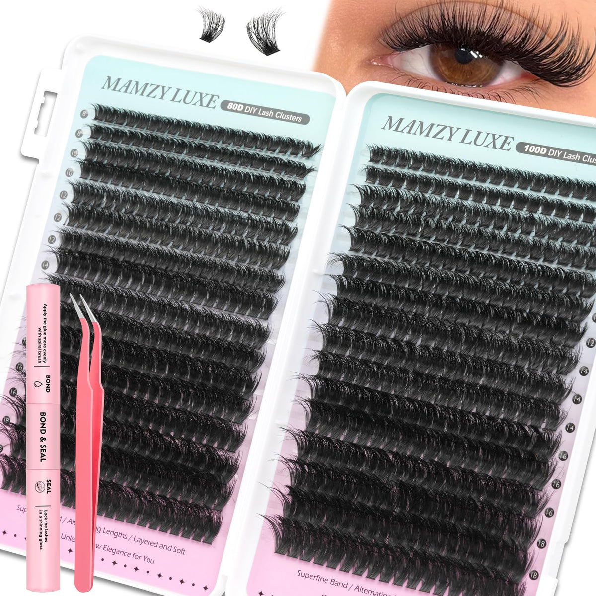 Mamzy Luxe Fluff Lash Clusters Kit with lashes and tools