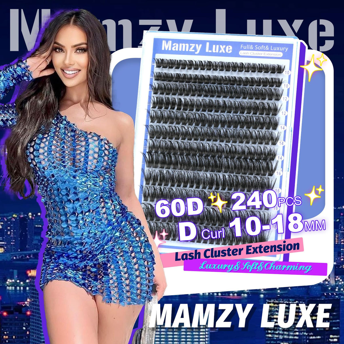 Mamzy Luxe Lash Clusters displayed on a makeup table