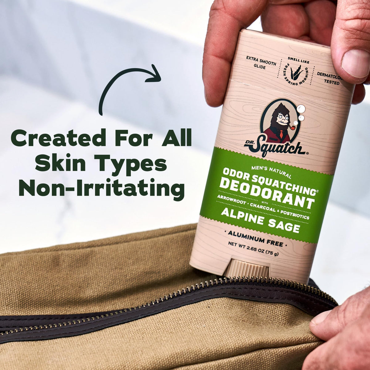 Man applying Dr. Squatch Natural Men’s Deodorant in bathroom mirror