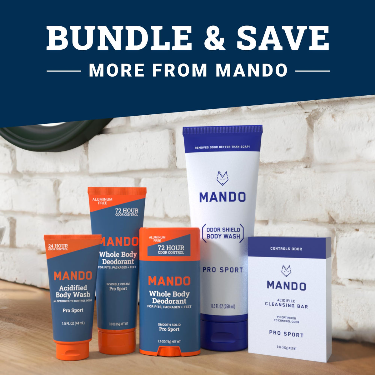 Mando Body Wash 8.5 oz packaging dimensions on display